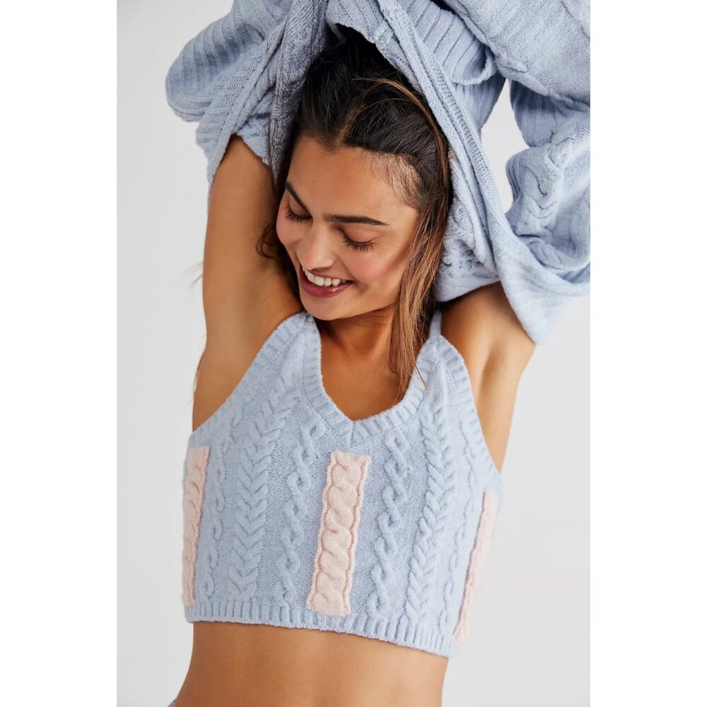 For Love & Lemons Blue & Pink Cable Knit 2-Piece Set Cropped Tank & Shrug XS/S - Picture 6 of 16